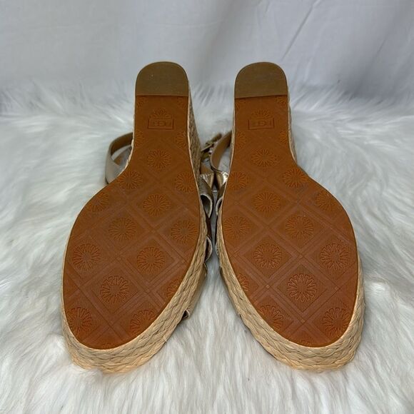 UGG Careena NWOT Gold Leather Raffia Wedge Espadrille Sandals Sz 11 - Picture 7 of 7